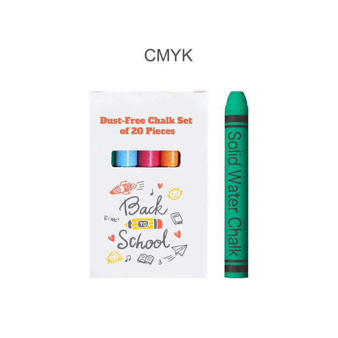 A set of 20 dust-free chalk sticks in various bright colours, packaged in a box featuring a logo and colourful graphics.
