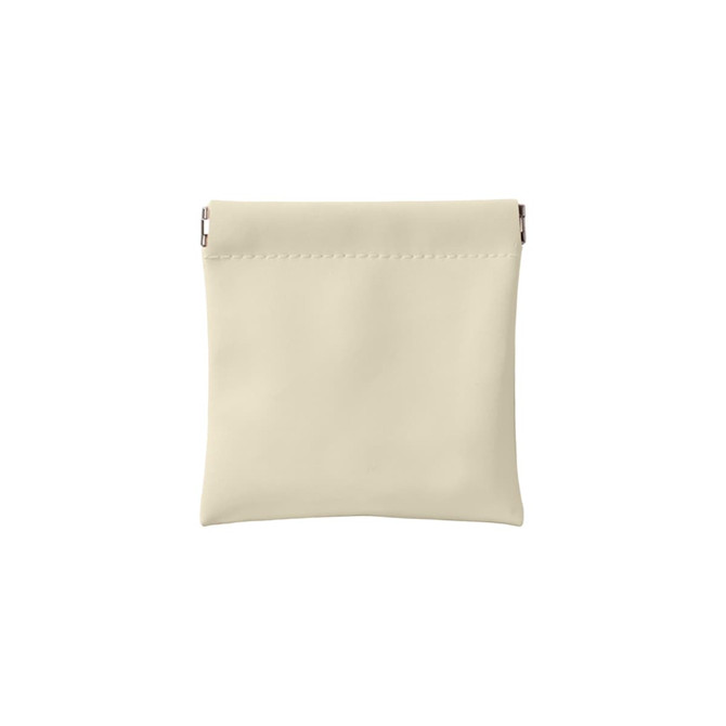 A small, cream-coloured cosmetic bag with a clasp closure and no visible branding.