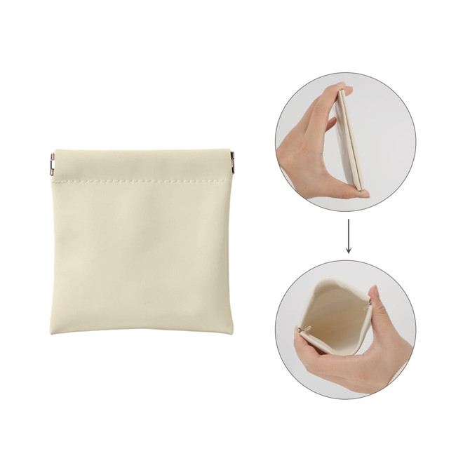 A small, cream-coloured pocket cosmetic bag with a zipper, shown from the front and being held by a hand.