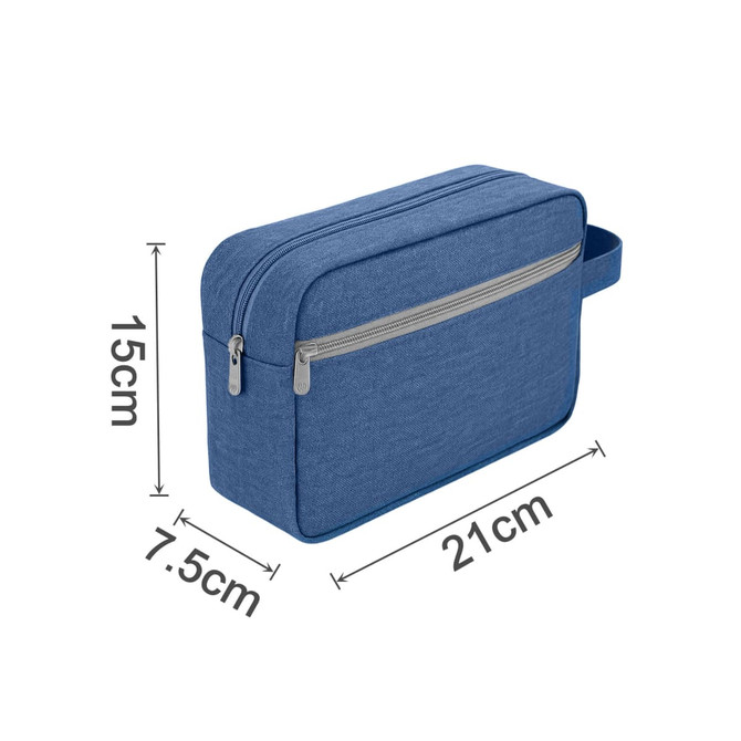 A blue toiletry bag with a handle, featuring a zippered closure and a front zip pocket, showing dimensions.