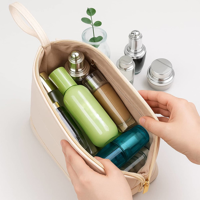 A large capacity beige toiletry bag holds various cosmetic bottles, including green, blue, and silver containers.
