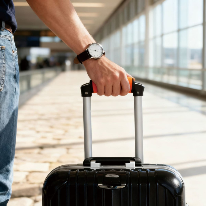 A hand grips a black suitcase featuring custom neoprene luggage grips in bright orange, with a watch visible on the wrist.