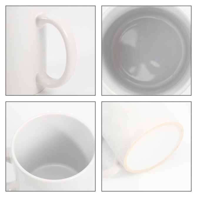 A white heat-sensitive mug with a smooth surface and a handle, viewed from various angles.