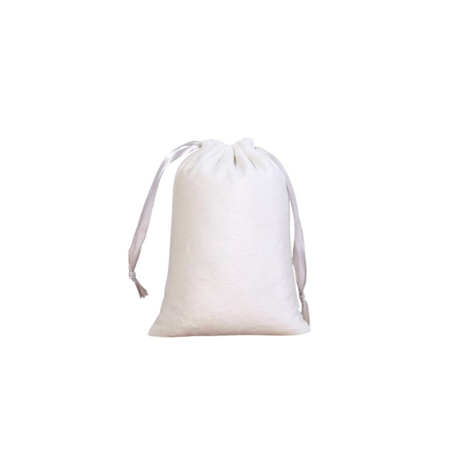 A white silk velvet drawstring bag with matching satin drawstrings. It has a smooth texture and a simple design.