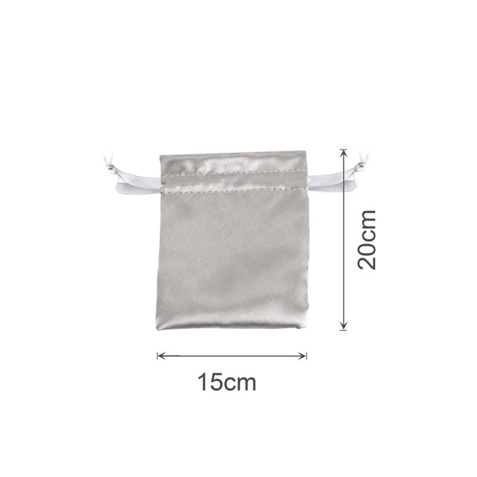 A silver satin drawstring bag with measured dimensions of 15cm by 20cm, featuring a logo.