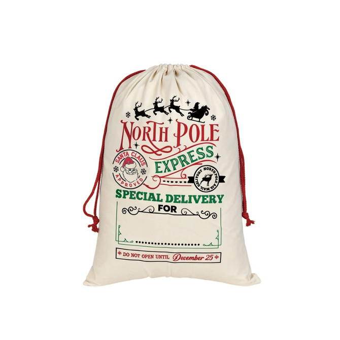 A cream-coloured drawstring bag with festive graphics and red accents, featuring a logo and holiday-themed text.