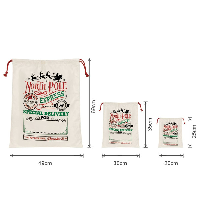 Flax linen drawstring bags in cream, featuring a festive design and various sizes: large, medium, and small.