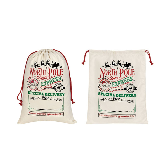 Two cream flax linen drawstring bags with festive designs and red drawstrings, featuring a logo.