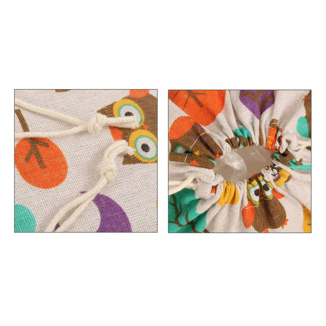 Cotton linen drawstring bags featuring a colourful owl design, with cream drawstrings for closure.