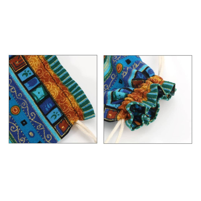 A collection of colourful linen burlap drawstring bags featuring intricate patterns and decorative trims.