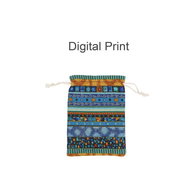 A linen burlap drawstring bag featuring a vibrant, multicoloured digital print pattern. It has a drawstring closure.