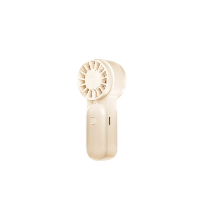 A mini portable handheld fan in a soft beige colour with a circular grille and an ergonomic handle.