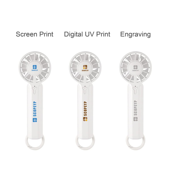 A portable handheld fan in white, featuring three design options with branding, including screen print, UV print, and engraving.