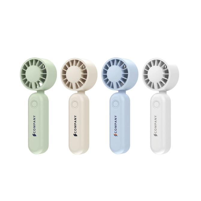 A foldable handheld fan in green, beige, blue, and white, featuring a logo on the handle.