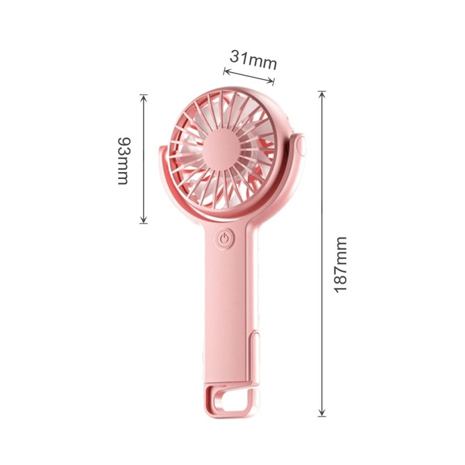 A pink handheld fan with a 180° adjustable angle and a compact design, featuring a logo.