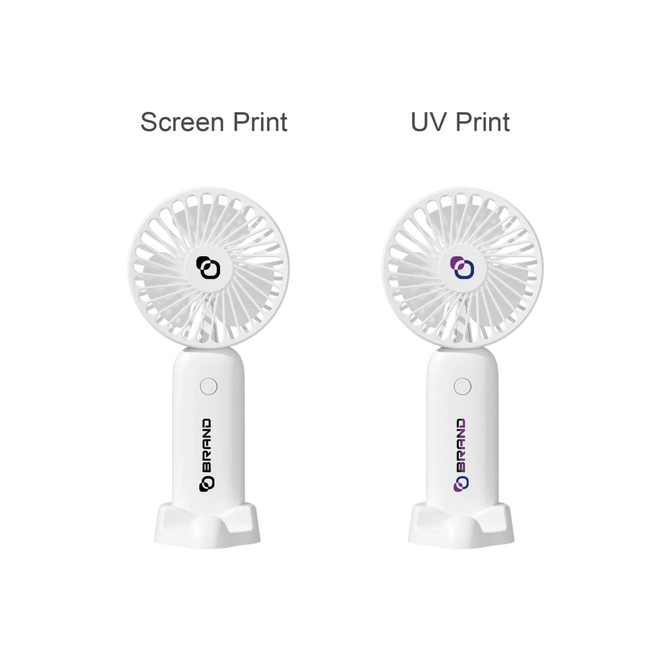A handheld fan in white with a phone stand, featuring two print styles and a logo.