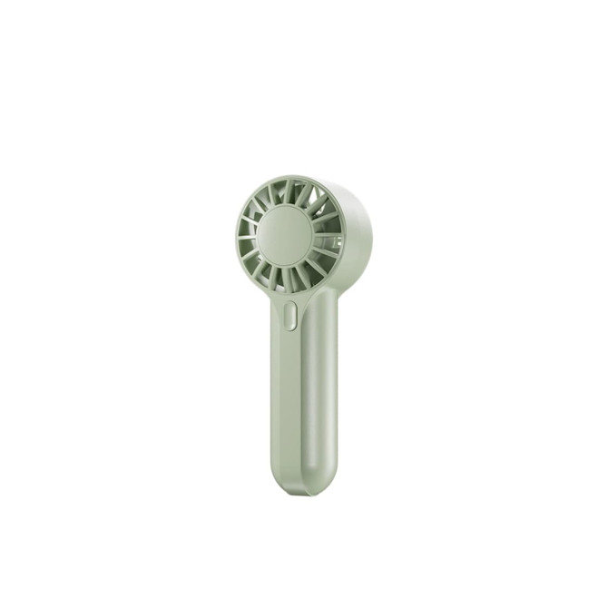 A mini travel handheld fan in a soft green colour with a circular fan head and ergonomic handle, featuring a logo.