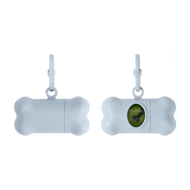 A bone-shaped pet waste bag dispenser in light grey with a hook for attachment and a small opening for bag access.