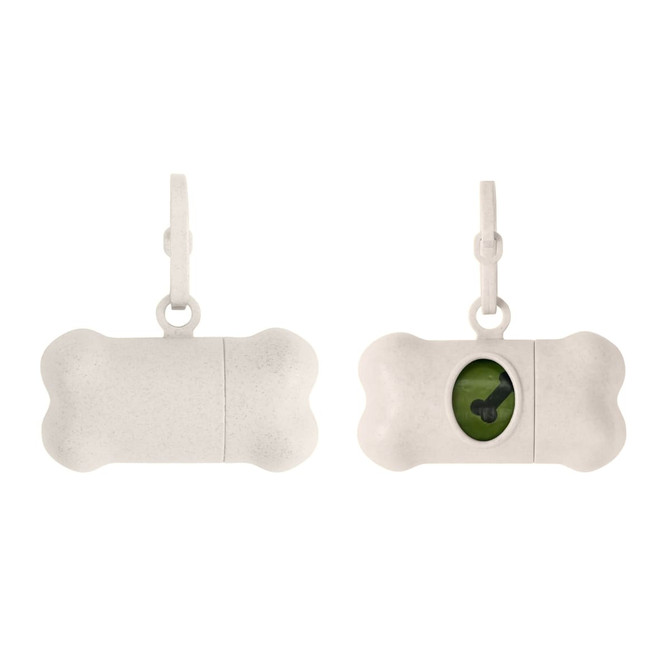 A bone-shaped pet waste bag dispenser in white with a green opening, featuring a clip for attachment and a logo.