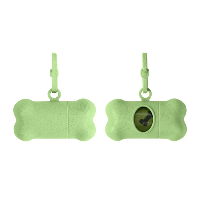 A green bone-shaped pet waste bag dispenser with a clip for easy attachment, featuring an opening for easy access to bags.