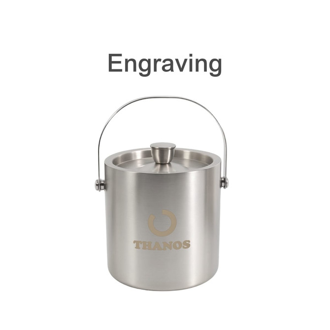 A silver ice bucket with a lid and a handle, featuring a logo on the front.