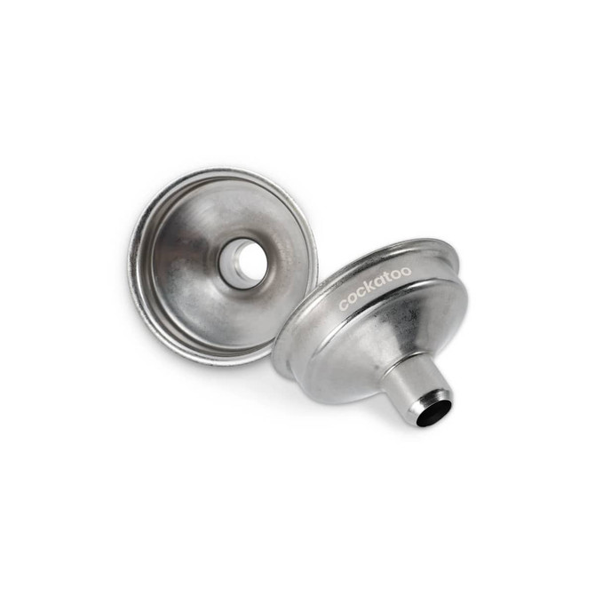 A stainless steel mini funnel with a shiny surface, featuring a small opening and a logo.