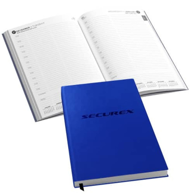 A blue diary with a PU cover, featuring an open page layout for daily entries and a logo on the front.