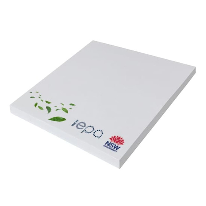 A white notepad with a clean design featuring green leaf accents and a logo on the bottom corner.