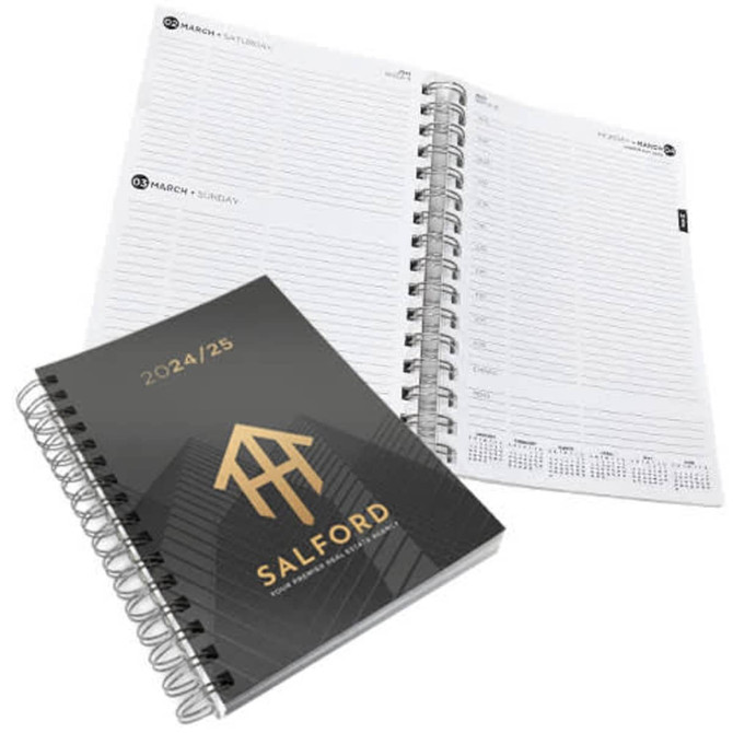 A4 wiro-bound diary with a printed black cover, featuring grey and white pages, 157 leaves, and a logo.