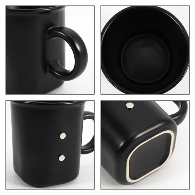 A black ceramic coffee mug with a matte finish, featuring a unique shape and a logo on the side.
