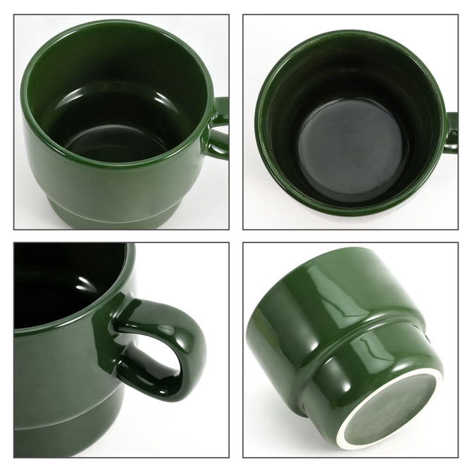 A stackable ceramic mug in dark green, featuring a smooth finish and a curved handle, with a hollow interior.