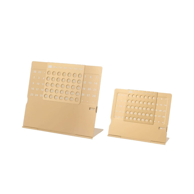 A gold aluminium desk calendar featuring two sizes with a sleek, modern design. Includes a logo on the base.