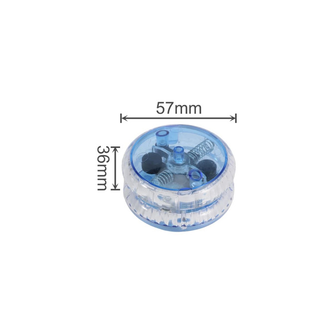 A clear and blue light-up yoyo featuring spring mechanisms inside, measuring 57mm in diameter and 36mm in height.