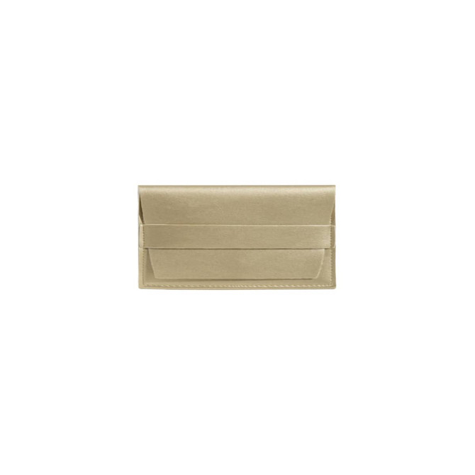 A gold PU leather glasses pouch with a sleek design and a secure band closure. It has a simple logo.