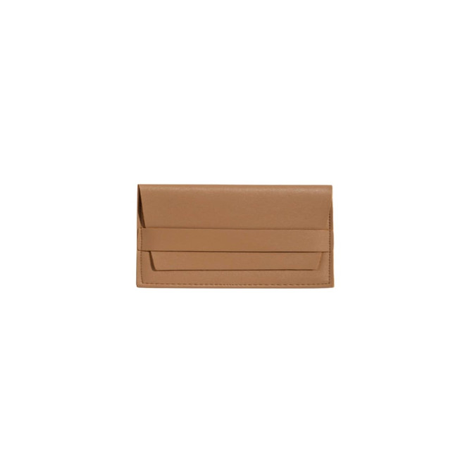 A PU leather glasses pouch in a tan colour, featuring a sleek design and a slot for storage.