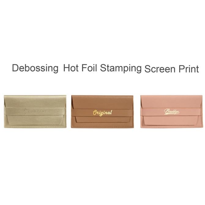 A PU leather glasses pouch in three colours: beige, brown, and pink, featuring a logo on each.