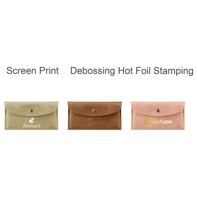 A PU leather glasses pouch in three colours: cream, brown, and pink, featuring different branding options.