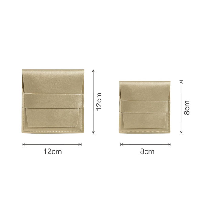 A gold PU leather flip jewelry pouch featuring two sizes, with dimensions labelled on the image.