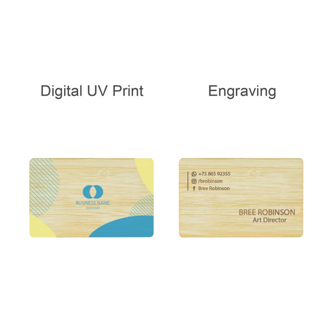 A bamboo business card featuring a natural wood finish with colourful geometric designs and engraved text.