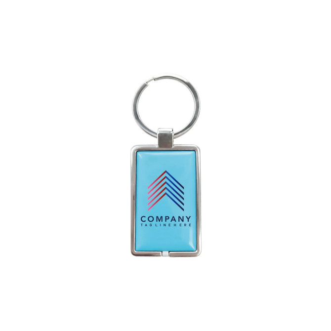 A rectangular blue epoxy tag with a metal keyring, featuring a logo design.