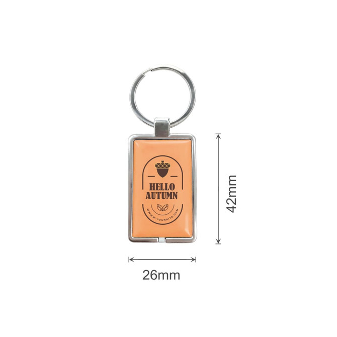 An orange NFC epoxy square tag with a metal keyring, featuring a logo and dimensions indicated.