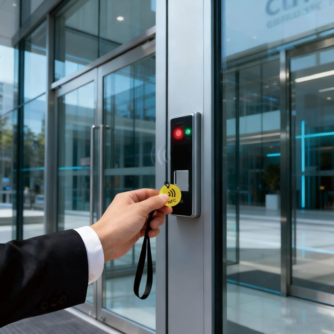 A hand holds a yellow NFC round tag near a card reader on a glass door, with a green light illuminated.