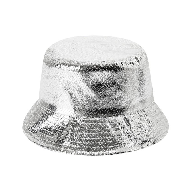 A shiny silver bucket hat featuring a textured surface and an inner lining. The hat has a logo on the side.