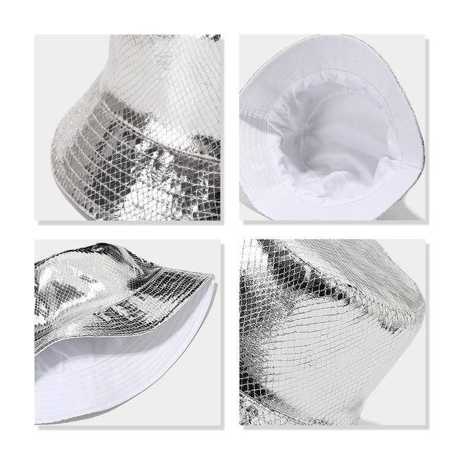 A shiny silver bucket hat with a glittering surface and a white interior, featuring an inner lining and brim.