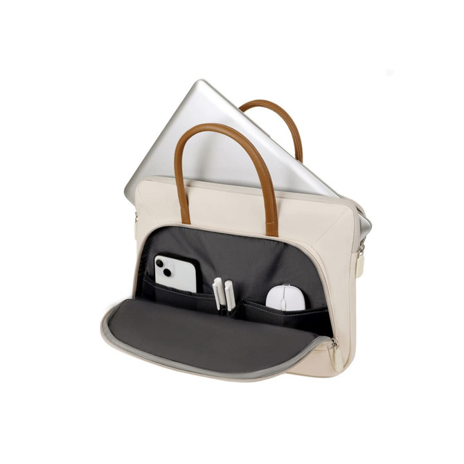 A PU handle laptop bag in cream with a zippered outer pocket, featuring compartments for a laptop, phone, and accessories.