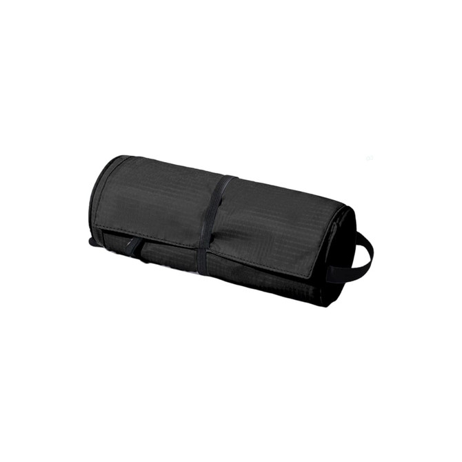 A black multifunctional toiletry travel bag rolled up, featuring a handle and a strap for secure closure.