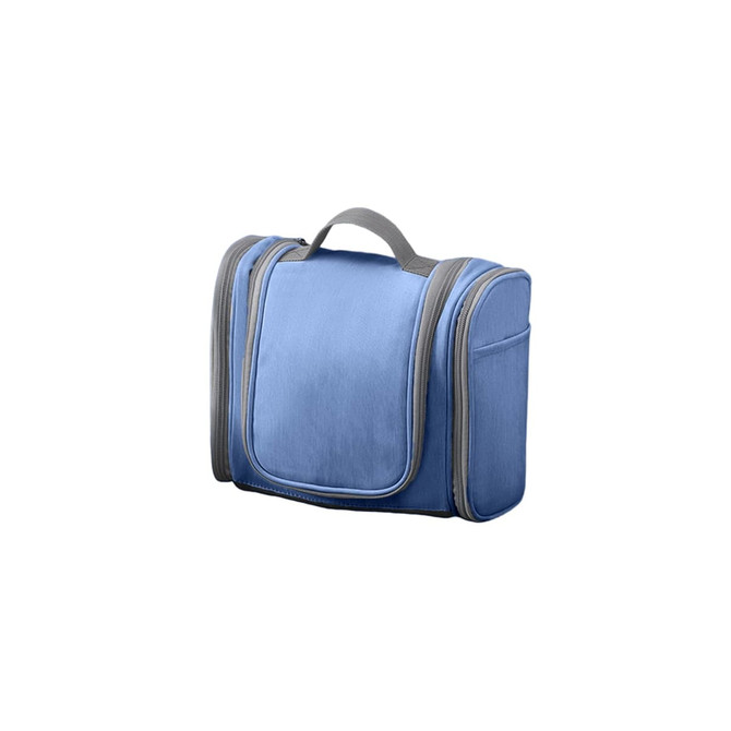 A blue large capacity storage bag with multiple compartments and a grey handle. Features a logo.