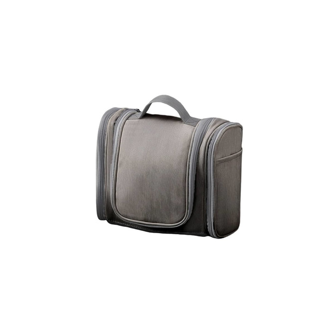 A grey storage bag with zippers and a handle, featuring multiple compartments and a sleek design.
