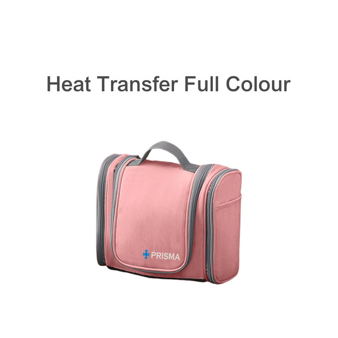 A pink travel storage bag with grey zippers and a carrying handle. It features an unspecified logo.