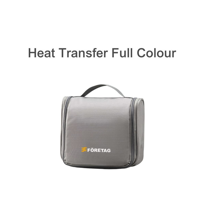 A grey hanging travel toiletry bag with a zipper and a top handle. It features a logo on the front.